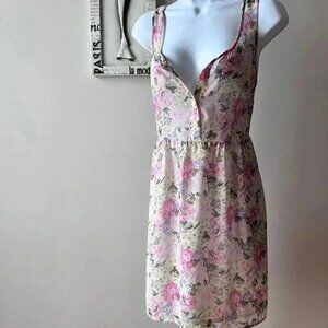 Sheer Pink Floral Print Sleeveless Empire Waist Babydoll Mini Dress